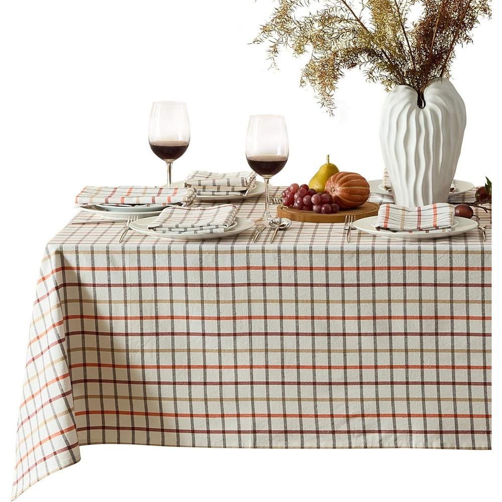 Home Bargains Plus Hilton Plaid "Tablecloth Only" Red Taupe Cream Gingham